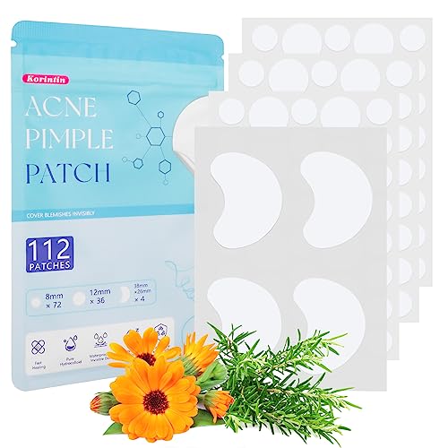Spot Patches, Acne Patch 112 Pcs, Hydrocolloid Pimple Patches, Korintin Acne Patches for Large Zit Breakouts, 3 Sizes (8mm, 10mm, 38mm x 26mm)
