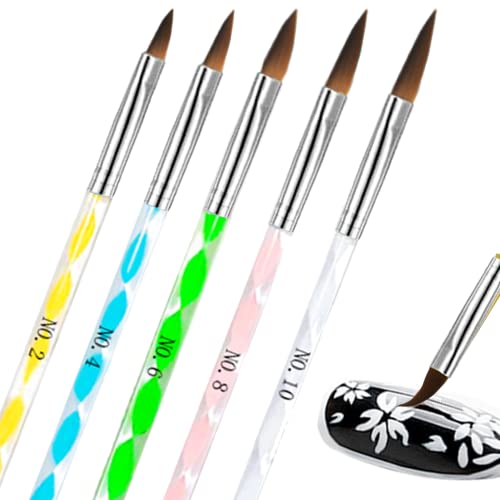 Acrylic Nail Brush Set,5 Pcs Round Sable Acrylic Design Nail Art UV Gel DIY Brush Pen Nail Art Tool Set No.4/6/8/10/12 (Silver)