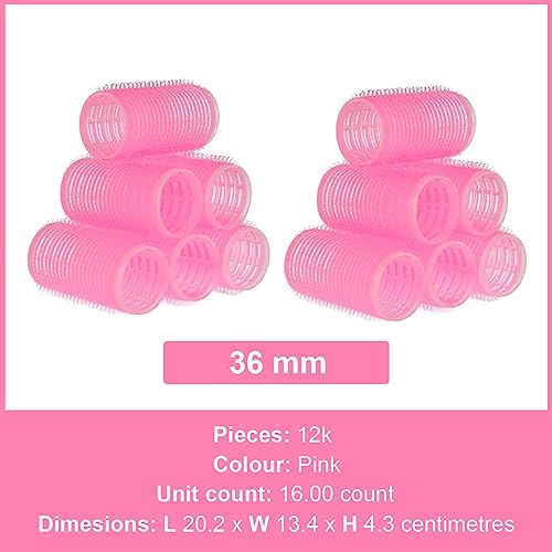 PINK Hair Rollers Pack of 16 with 12 hair rollers Size - 36mm & 4 Hair Band Self Grip Large Hair Rollers for Hair Volume - Medium Hair Curlers Ro