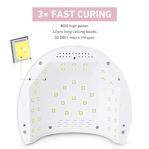 BOLASEN Professional UV Nail Lamp, 80W LED Nail Lamp for Gel Polish, Quick-Drying Nail Dryer Gel Nail Lamp with Metal Base, 42 Beads, 4 Timers &