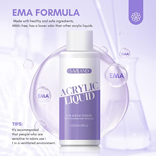 Saviland 120ml Acrylic Liquid with Acrylic Brush– Monomer for Acrylic Nails with Acrylic Nail Brush 12# MMA-Free Non-Yellowing Formula Acrylic Mo