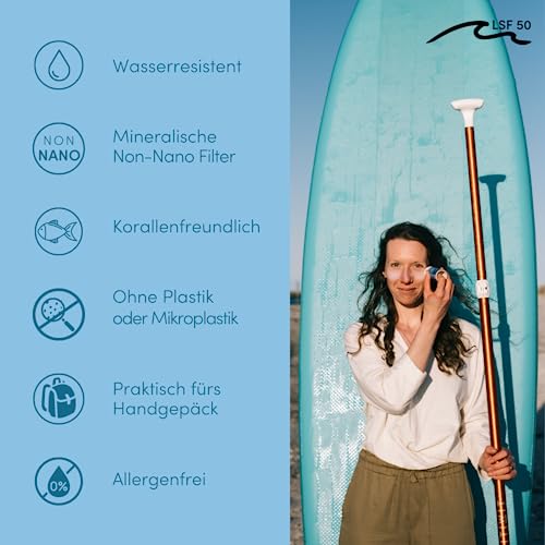 Organic Sun Cream Face SPF 50 - "Nose White" - Solid, Waterproof, Mineral, No Chemicals - Surf Sun Stick with Zinc for Children and Adults - Cert