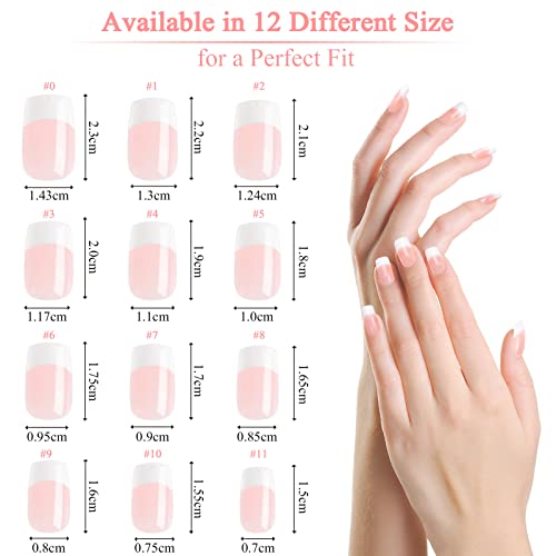 Kiiwah 48pcs French False Nails with Glue, Short Medium Fake Nails Nude Artificial Full Cover Nail Tips in 12 Different Sizes with Nail Files, Ma