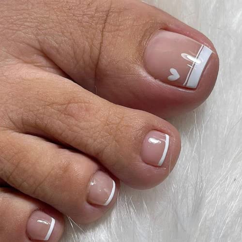 Glitter French False Toenails, Acrylic Press on Toe Nails, White Fake Toe Nails with Glue Sticker Stick on Nails for Toe for Women and Girls Fash