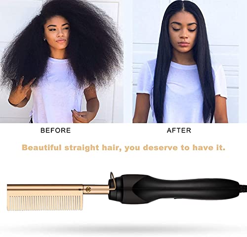 Electric Hot Comb, Hair Straightener for Wig, 3 Grades Temperature Straightening Brush for Thick Afro Hair, Beard, Hot Anti-Scald Portable Curlin