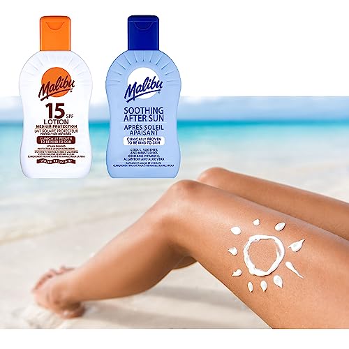 Malibu Sun Lotion Sunscreen SPF15 100ml bundled with Malibu After Sun Soothing Cooling Lotion 100ml - Travel Bundle by Deluxio Gifts