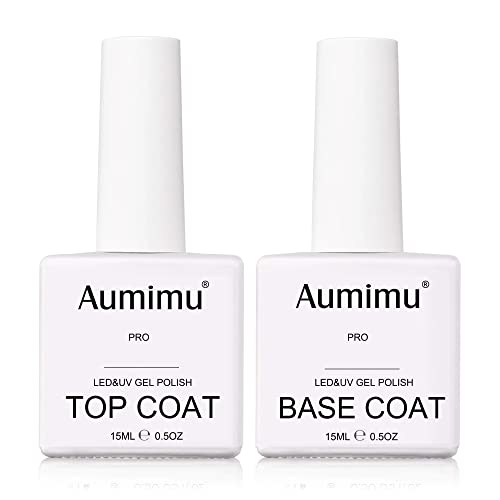 AUMIMU 15ml Gel Nail Polish Top and Base Coat- No Wipe Gel Top Coat and Base Coat Gel Nail Polish Set 15ml, Soak Off Nail Lamp Gel Polish Nail Ar