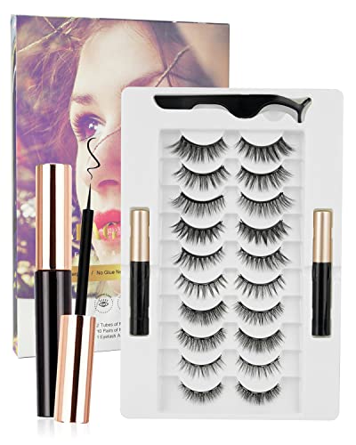 Magnetic Eyelashes with Eyeliner, 10 Pairs Reusable Eye Lashes and 2 Tubes of Magnetic Eyeliner, Reusable Magnetic Fake Eyelashes with Tweezers,N
