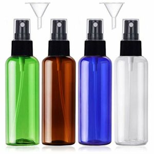 4PCS,100ml Empty Plastic Spray Bottle Fine Mist Travel Atomiser Set with 2 Funnels, Refillable Travel Size Bottle Toiletries Liquid Containers fo