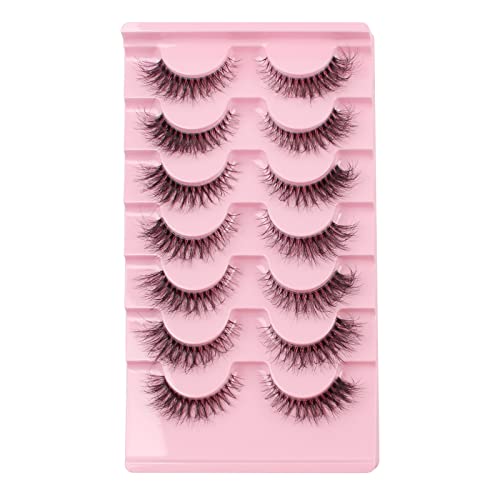 Glowing Win Cat Eye Lashes Natural Look False Eyelashes 7 Pairs Faux Mink Fluffy Lashes with Clear Band Wispy Fake Lashes Reusable Handmade Soft