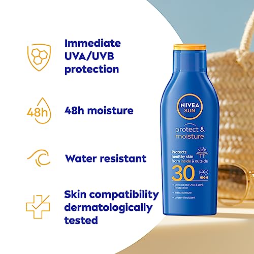 NIVEA SUN Protect & Moisture Sun Lotion SPF 30 (200ml), NIVEA sun cream SPF 30 & SUN Kids Moisturising Sun Lotion SPF50+ (200 ml), Moisturising S