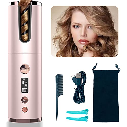 Cordless Auto Hair Curler, Portable Hair Wand Curling USB Rechargeable Anti-Tangle Fast Heat LCD Display with Temps & Timers, Auto Power-off, Ele