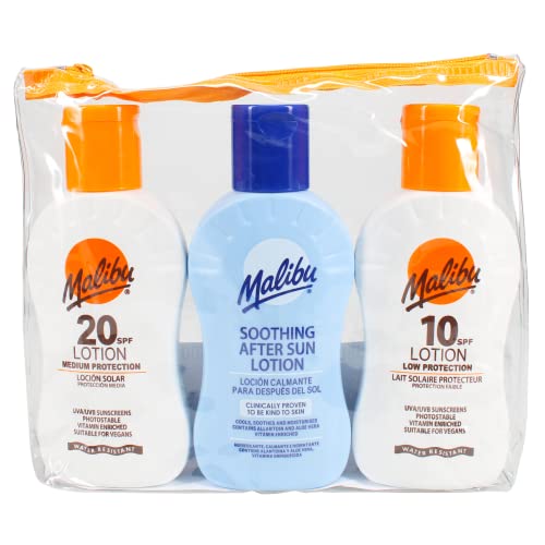 Malibu Sun Travel Essentials with Sun Cream Protection and After Sun Lotion, SPF 10 and 20, Multipack, 3 x 100ml