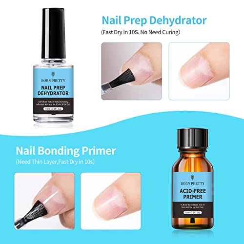 BORN PRETTY Nail Dehydrator and Primer Set, Acid Free Natural Nail Prep Dehydrate & Nail Bond Primer Set Fast Air Dry for Gel Nail Polish and Acr