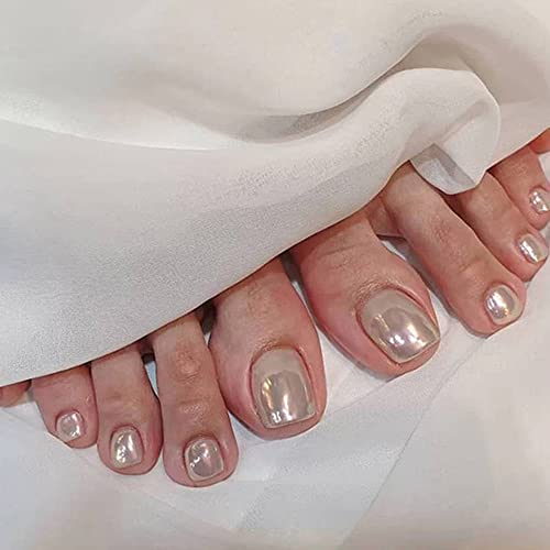 BSLVWG Pure Color False Toe Nails Short Glitter Metal Fake Toenail Full Cover Artificial Foot Nail Tips for Women and Girls(24Pcs) (01)