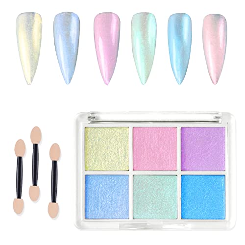URAQT Chrome Nail Powder, 6Pcs Holographic Pearl Nail Powder, Ice Mermaid Aurora Nail Art Pigment Powder with 2 Sponge Brush, Mirror Effect Pigme