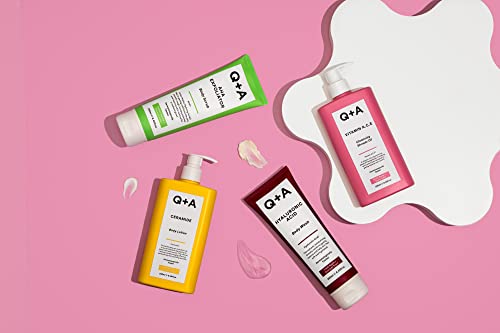 Q+A AHA Exfoliator Body Scrub for Rejuvenating Body Care, a blend of AHA’s Lactic Acid and Glycolic Acid combined with exfoliants, improves skin