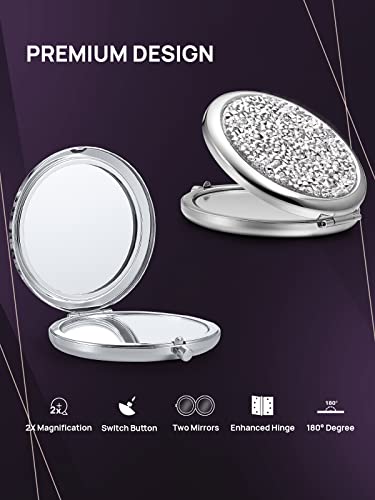 OMIRO Compact Mirror, Mini Mix Diamond 1X/2X Magnifying Round Metal Pocket Makeup Mirror (Silver)