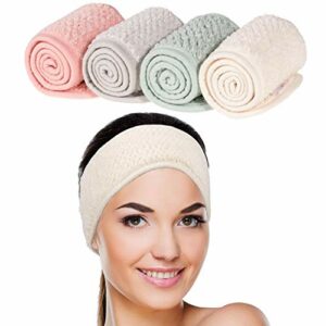 Whaline 4 Pack Spa Facial Headband Super Absorption Makeup Hair Wrap Adjustable Coral Fleece Hair Band Soft Towel Head Band for Face Washing, Sho