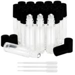 BELLE VOUS Clear Glass Roll-On Bottles & 3 Droppers (24 Pack) - 10ml Refillable Roller Bottles with Stainless Steel Balls - Essential Oils, Aroma