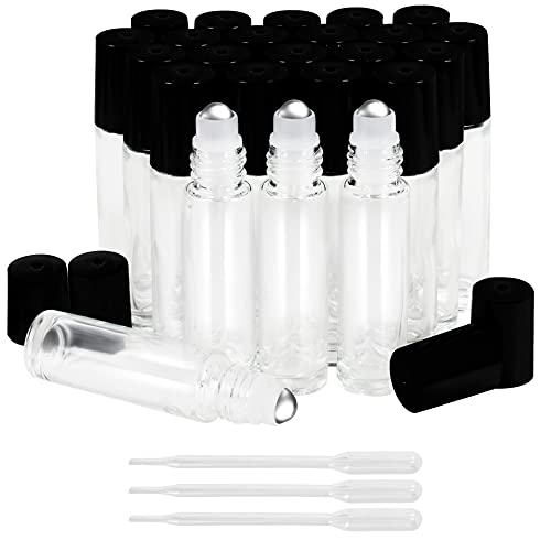BELLE VOUS Clear Glass Roll-On Bottles & 3 Droppers (24 Pack) - 10ml Refillable Roller Bottles with Stainless Steel Balls - Essential Oils, Aroma