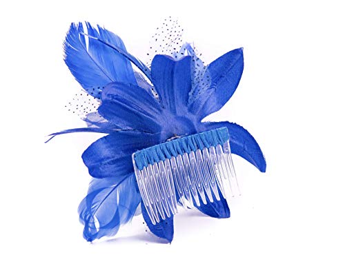 Feather Comb Fascinator for Women Wedding Ascot Races Christening Hair Piece (Royal Blue)