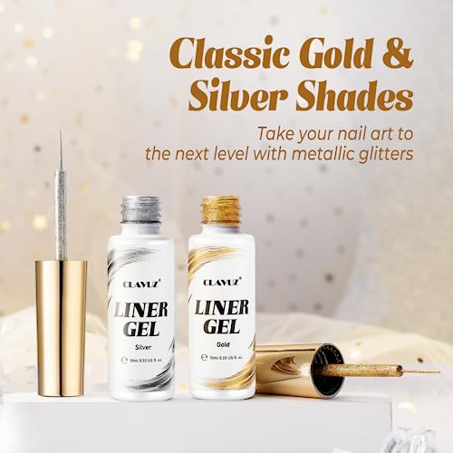 CLAVUZ Liner Nail Gel Polish, 2pcs Gold & Silver Glitter Gel Liner Nail Art Set Soak Off French Manicure Gel for Drawing Lines/Color Painting, UV