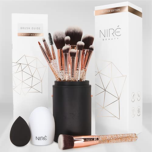 Niré Beauty Professional Makeup Brushes - 15-piece Award Winning Vegan Makeup Brush Set with Case, Blending Sponge, Brush Cleaner, Guide, Gift Bo