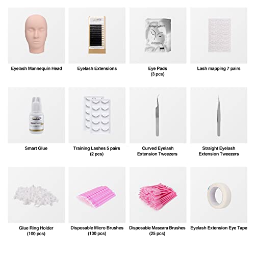 LASHVIEW Eyelash Extension Kit,with Mannequin Head,Lash Extension Supplies for Beginners,Professional Eyelash Extension Kit, for Makeup and Eyela