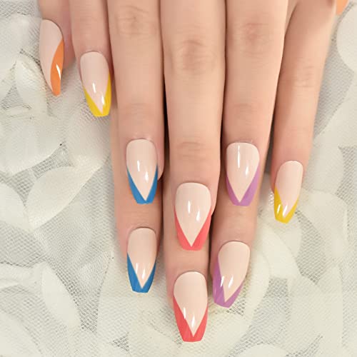 Ayyla 24 pieces Rainbow Colourful Bellarina Omber Colorful False Nails Long Acrylic Full Cover Fake Nails Tips Stick On Nails for Girls Women (sh