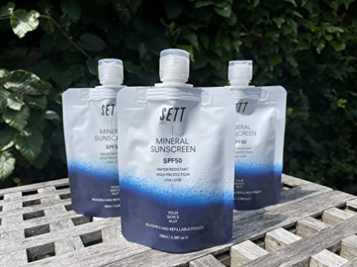 PACK OF 3 - SETT SPF50 Mineral Sunscreen POUCH 100ml. Less Packaging. Water Resistant!