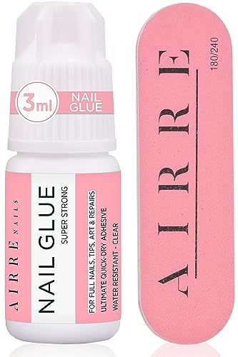AIRRE Extra Strong Nail Glue for Acrylic Nails, Nail Tips & Press-On Nails (3ml) Precision Tip Nail Glue & File for Glue-On Fake Nails, Fix Broke