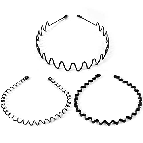 Qufiiry 3 Pcs Metal Hair Bands for Men, Metal Hair Hoop, Metal Headband, Non Slip and Durable Wavy Headband, Unisex Sport Fashion Hair Band Acces