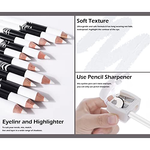 Ownest 12 Packs Professional Highlighter Eye Liner Pen, White Eyeliner Pencil Eye Liner Waterproof Long Lasting Eye Brighten