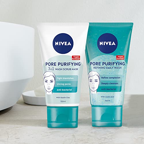 NIVEA 3-in-1 Wash Scrub Mask (150ml), All in One Face Scrub, Face Wash and Face Mask With Natural Magnolia Extract & White Clay, Unclog Pores, Pr