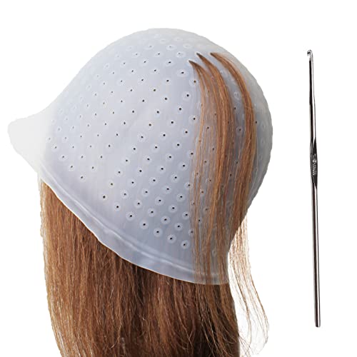 Punched Hole Silicone Highlight Hair Cap with Needle Professional Reusable Highlighting Poked Hole Caps with Hooks for Color Hair Salon Hairdress