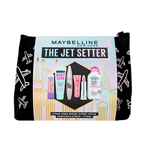 Maybelline 6x piece Makeup Kit 'Jet Setter', Primer, Mascara, Lipstick, Lip Balm, Liquid Blush & Micellar Water Set, Travel Kit, For Cosmetic Lov