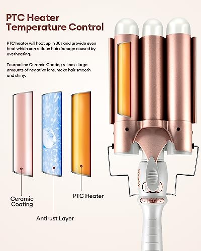 CkeyiN 3 Barrel Hair Waver, 32mm Mermaid Waver with LCD Display 16 Temperature, 30s PTC Fast Heating Waver Curling Wand for Long Short Hair, Prof