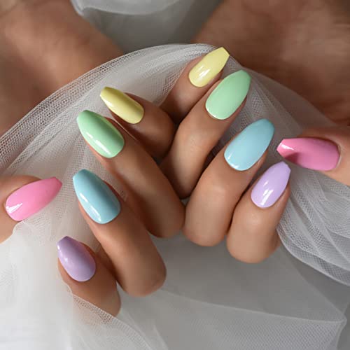 Ayyla 24 pieces Rainbow Colourful Bellarina Omber Colorful False Nails Long Acrylic Full Cover Fake Nails Tips Stick On Nails for Girls Women (sh