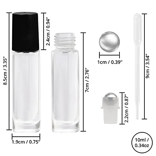 BELLE VOUS Clear Glass Roll-On Bottles & 3 Droppers (24 Pack) - 10ml Refillable Roller Bottles with Stainless Steel Balls - Essential Oils, Aroma
