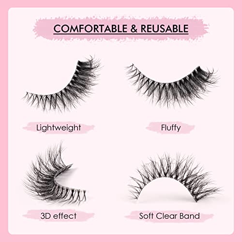 Glowing Win Cat Eye Lashes Natural Look False Eyelashes 7 Pairs Faux Mink Fluffy Lashes with Clear Band Wispy Fake Lashes Reusable Handmade Soft