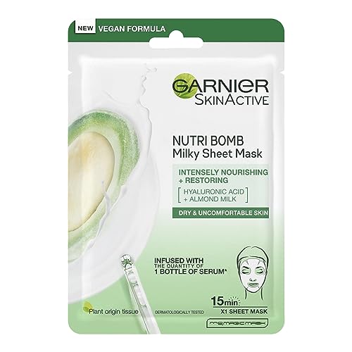 Garnier Nutri Bomb Milky Sheet Mask, With Almond Milk and Hyaluronic Acid for Hydrated Glowing Skin, Intensely Nourishing & Restoring Milky Face