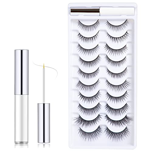 False Eyelashes, 10 Pairs False Eyelashes with Eyelash Glue Multipack Natural looking False Eyelashes Soft Reusable Fluffy Full Lashes Black Stri