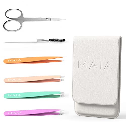 MAIA 6 Piece Professional Facial Hair Tweezers Set for Women - Eyebrow, Lash and Blackhead Remover Tool, Ingrown Hair, Flawless Hair Removal - Tr