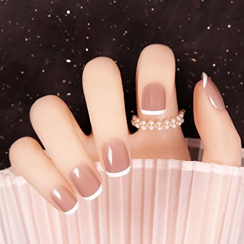 RUNRAYAY Medium Length French Tips Press on Nails with Designs, Nude White Acrylic Nails Press On, Stick on Nails for Women, Glue on Nails Fake N