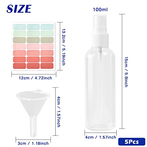 JETOP 5Pcs Spray Bottles,Clear Small Spray Bottle 100ml,Reusable Empty Spray Bottle,Fine Mist Spray Bottle with Label&Funnel,Refillable Liquid Co