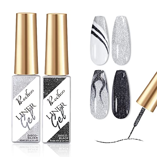 Rechoo Liner Nail Gel Polish-10ML*2 Gold & Silver Glitter Gel Nail Polish for Fineliner Nail Art, French Manicure Nail Polish, UV Shellac Color G