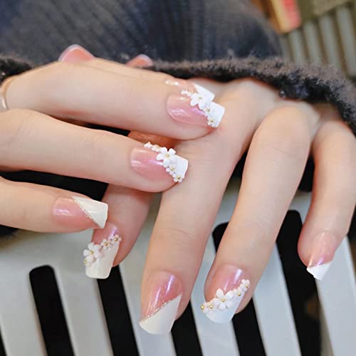 RUNRAYAY Medium Length French Tips Press on Nails with Designs, Nude White Acrylic Nails Press On, Stick on Nails for Women, Glue on Nails Fake N