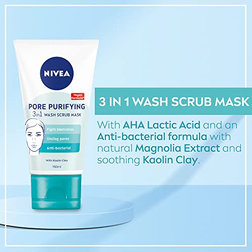 NIVEA 3-in-1 Wash Scrub Mask (150ml), All in One Face Scrub, Face Wash and Face Mask With Natural Magnolia Extract & White Clay, Unclog Pores, Pr