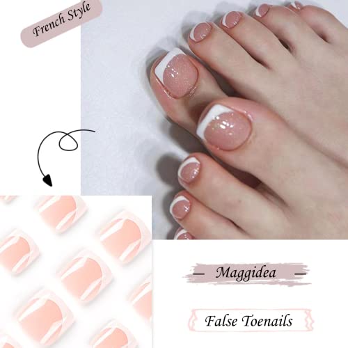 Glitter French False Toenails, Acrylic Press on Toe Nails, White Fake Toe Nails with Glue Sticker Stick on Nails for Toe for Women and Girls Fash